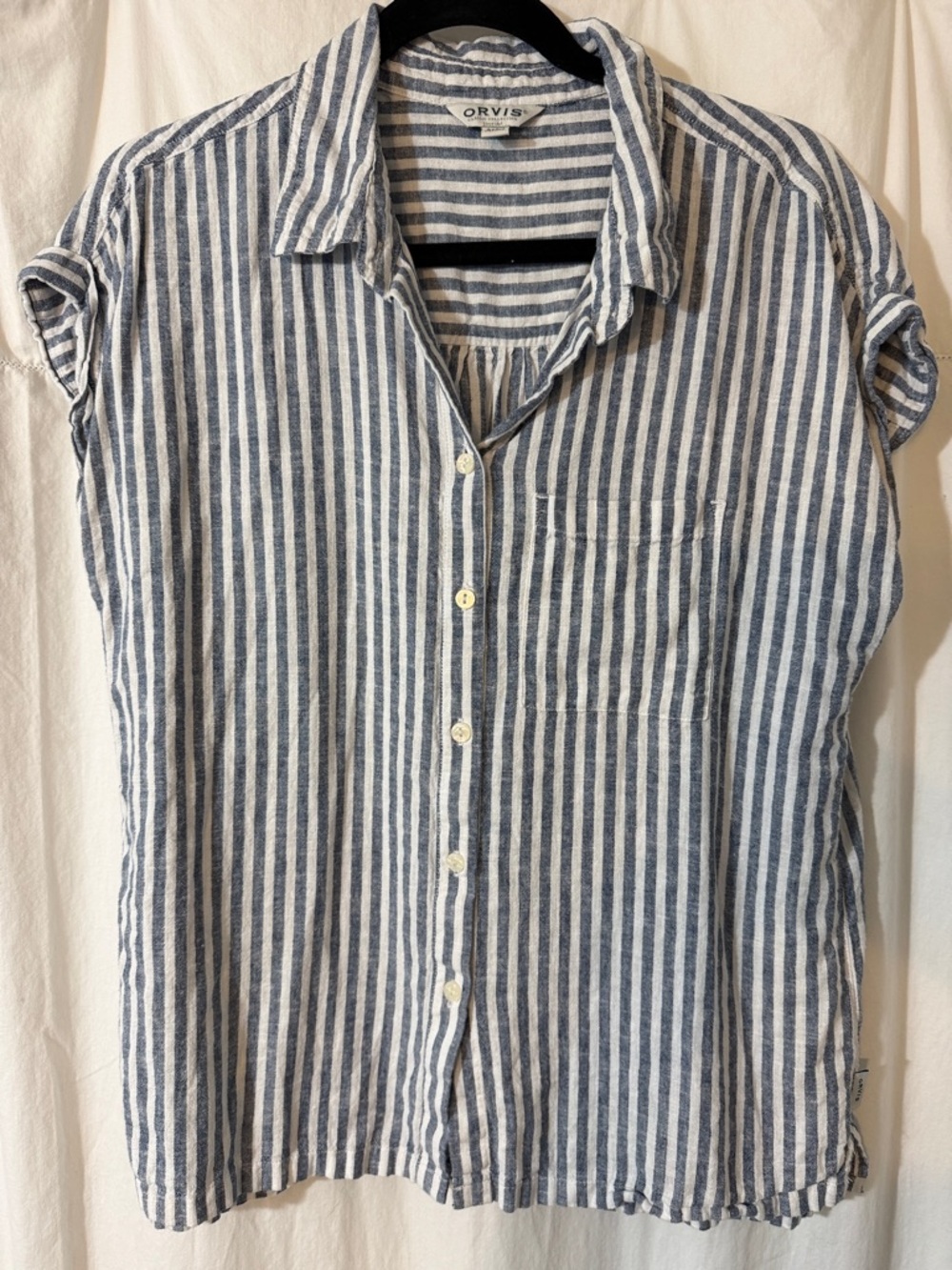 Orvis Blue and White Vertical Stripe Casual Button-Down Shirt